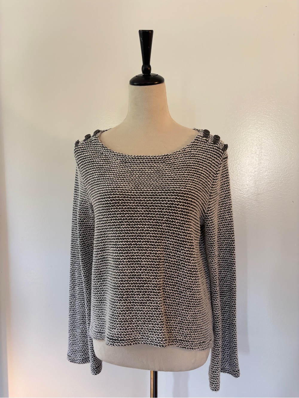 Roxy Nautical Dark Grey & White Striped Button-Shoulder Knit Sweater